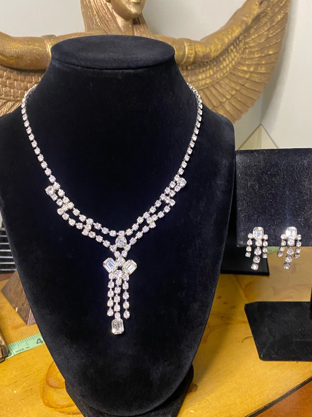 Vintage Crystal Drop Necklace and Earring Set - Silver Tone